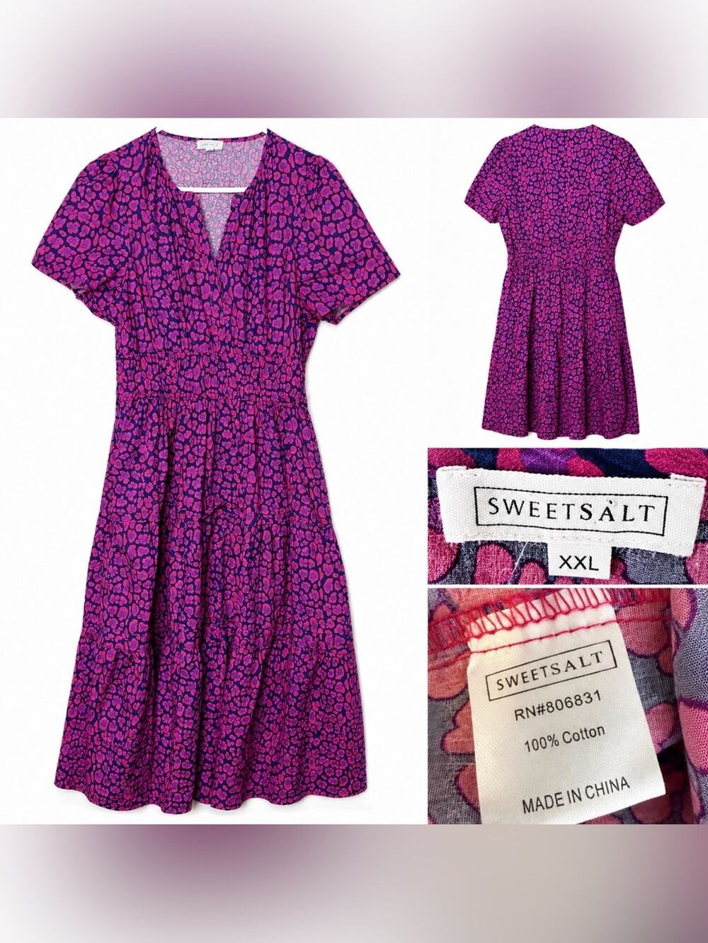 SweetSalt Midi Dress Plus Size XXL Blue pink Modest Puff Sleeve 2XL